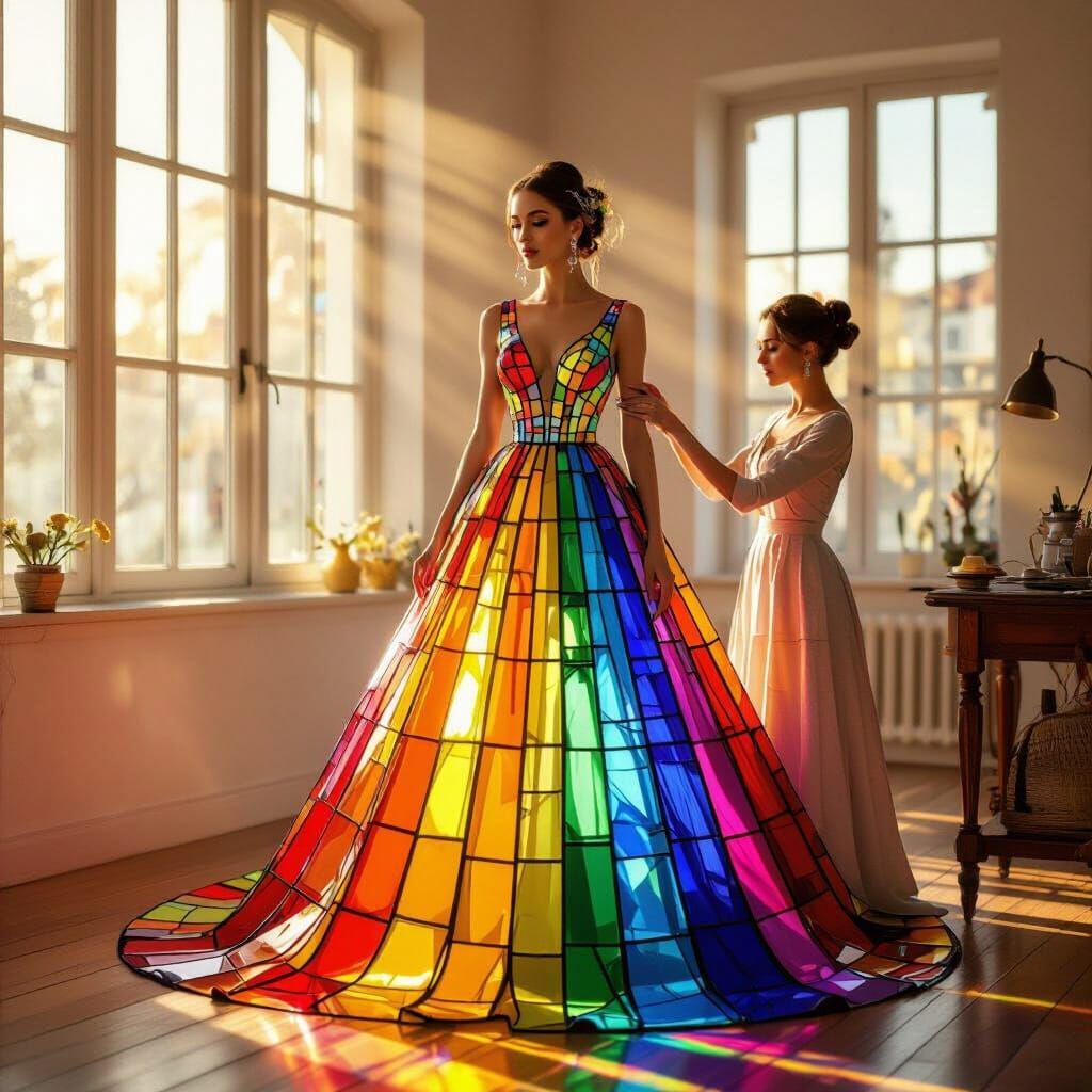 Model in Radiant Stained Glass Couture Dress