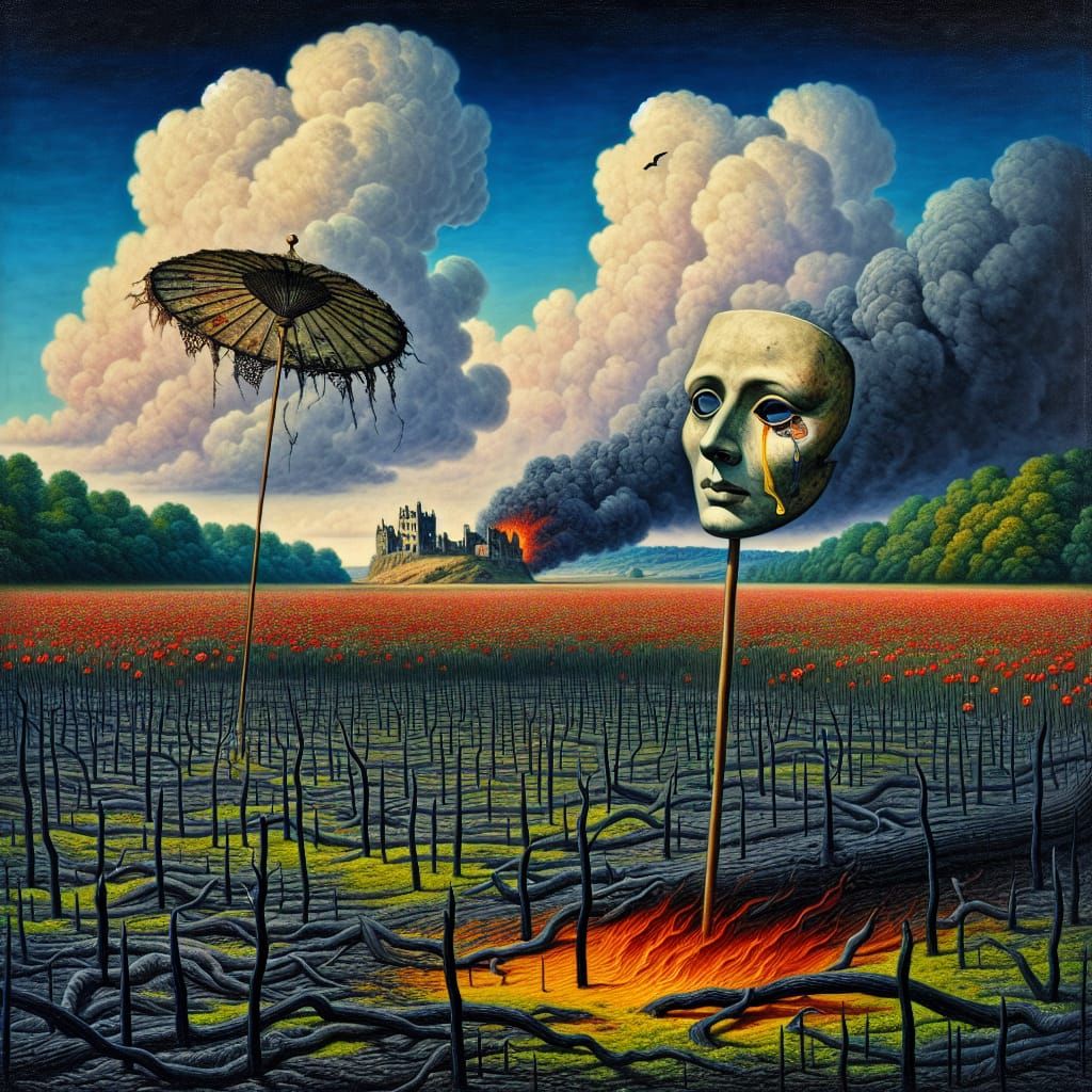 Surreal Landscape with Mask and Castle in Oil Paint