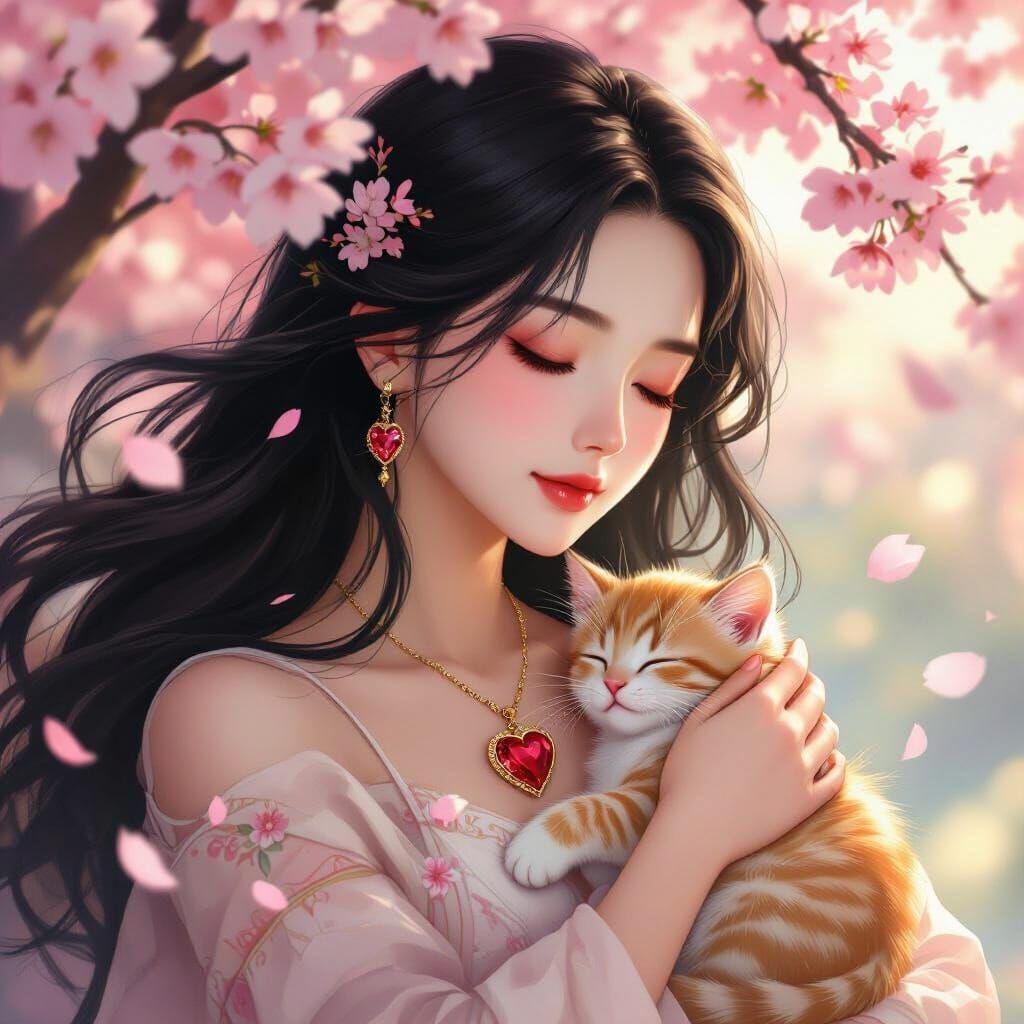 Elegant Woman Cradles Kitten Under Cherry Blossoms in Manhwa...