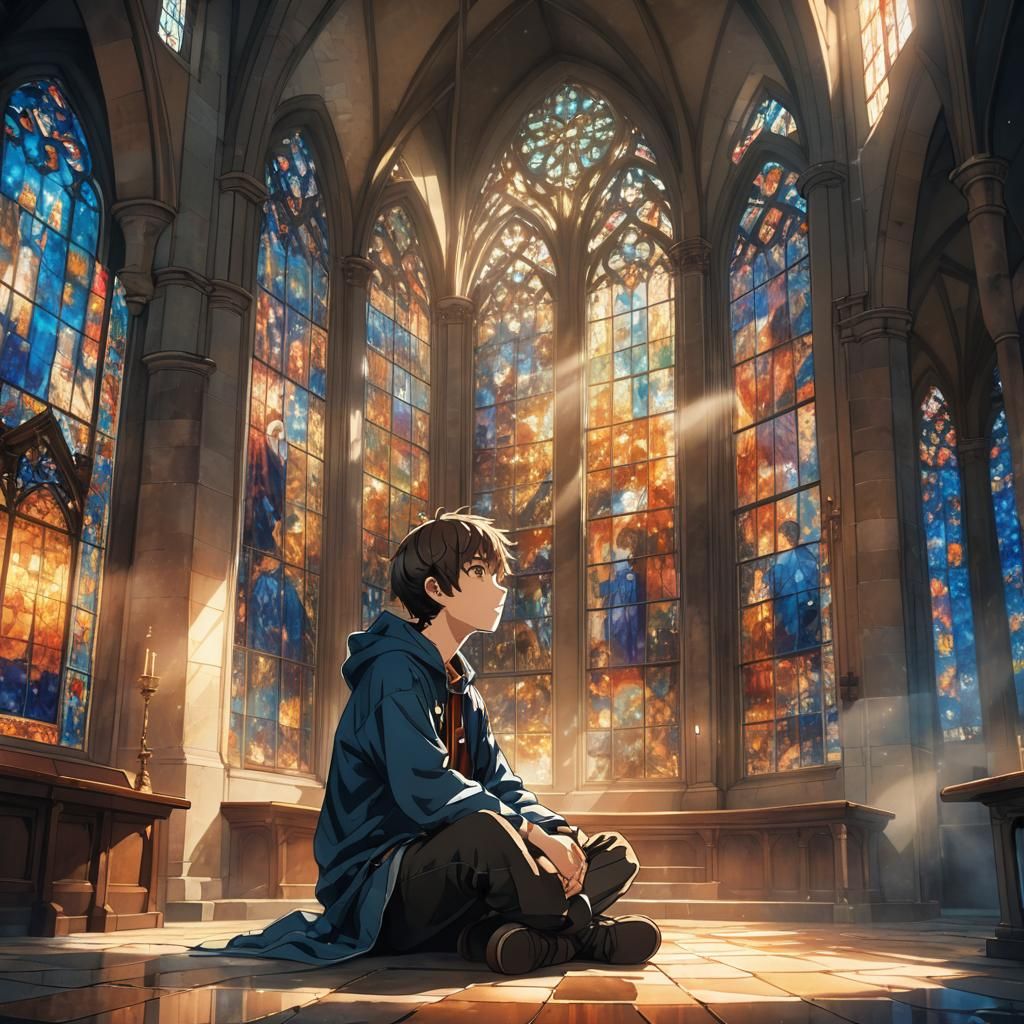 Anime Boy in Chapel with Watercolor Textures