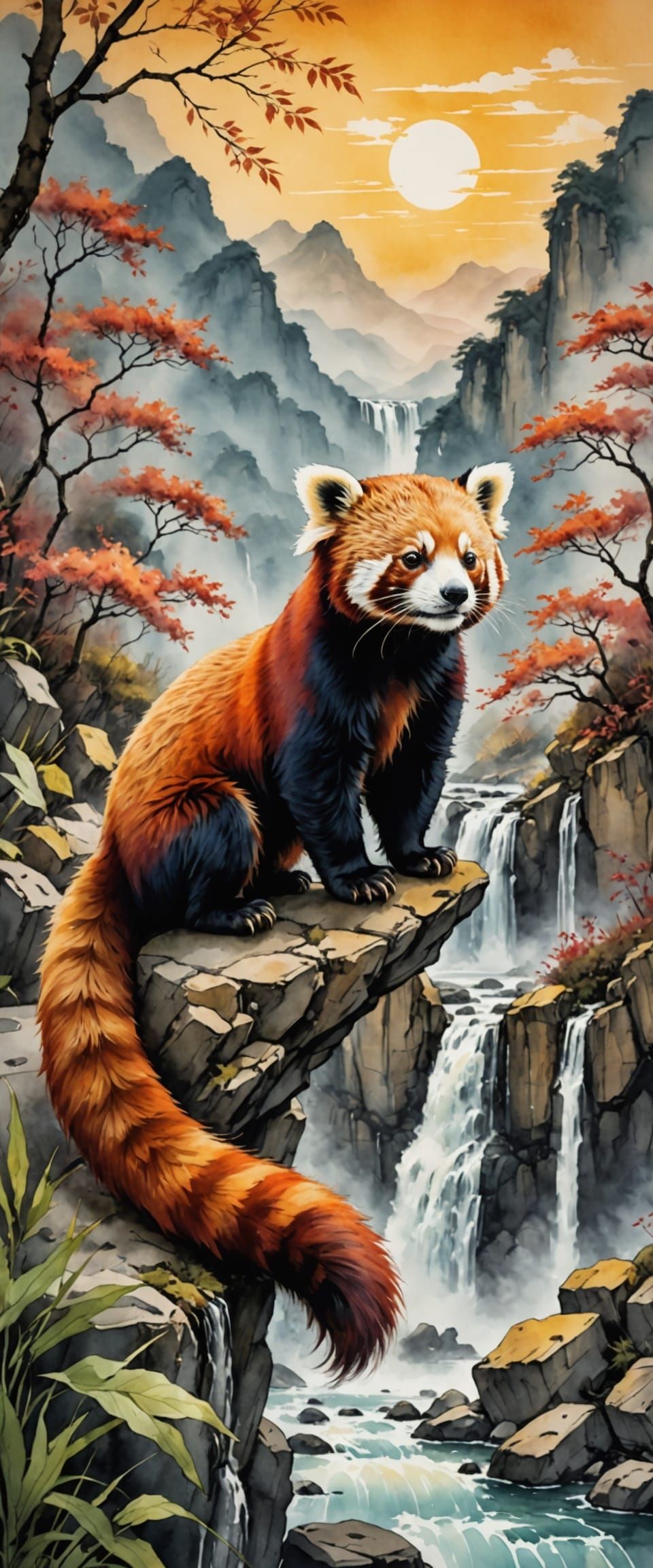 Red Panda Sketch Art Near Waterfall at Sunset