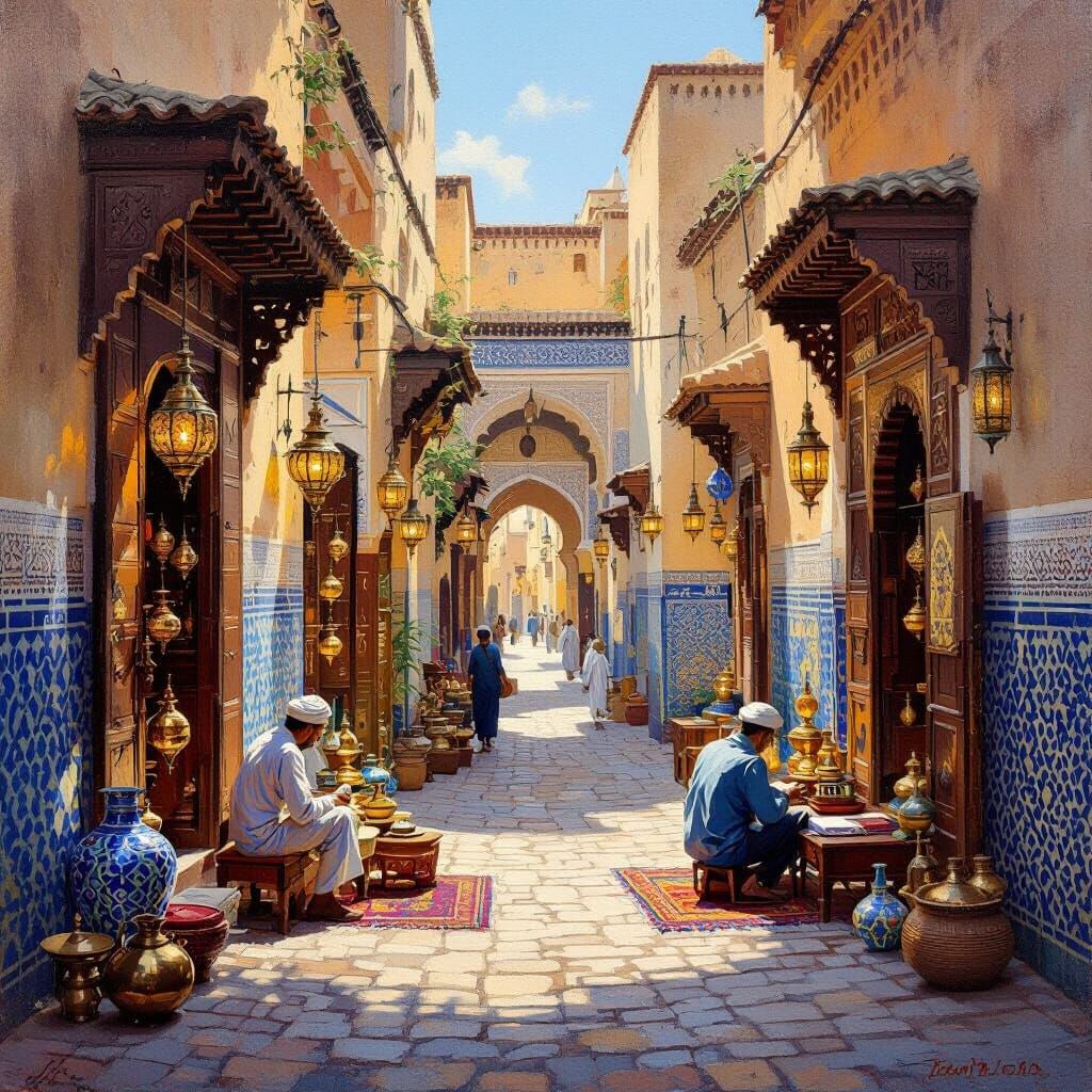 Classic Oil Painting of Moroccan Artisans in Fez Medina