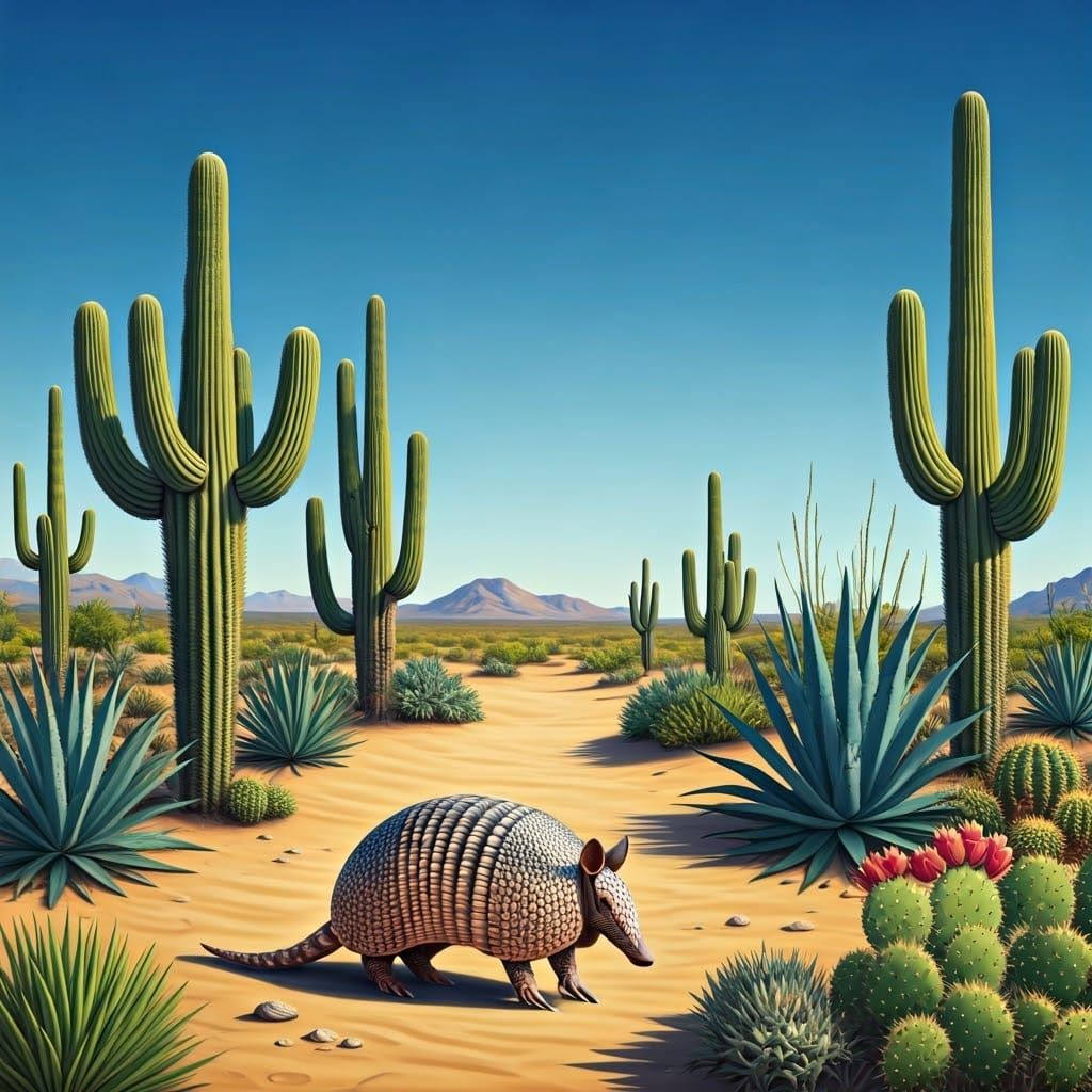 Desert Armadillo with Saguaro Cactus Landscape