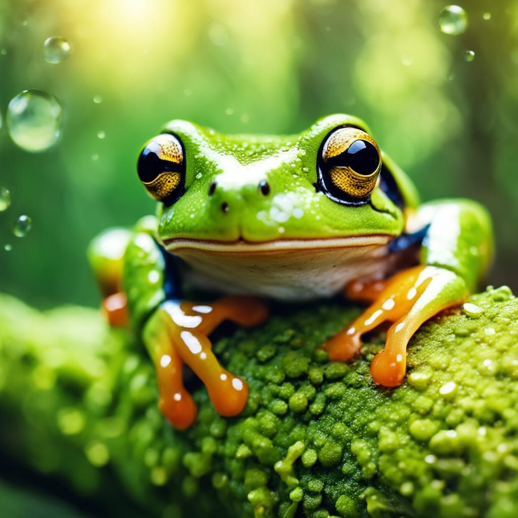 Vibrant Oil Painting of Green Tree Frog in Sunlit Forest