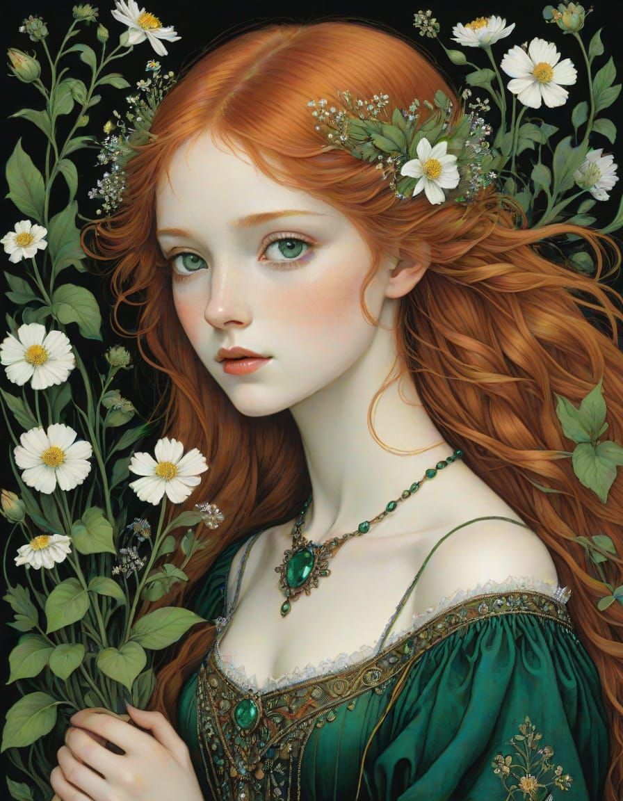 Glowing Portrait of a Cute Girl with Wildflowers in Whimsica...