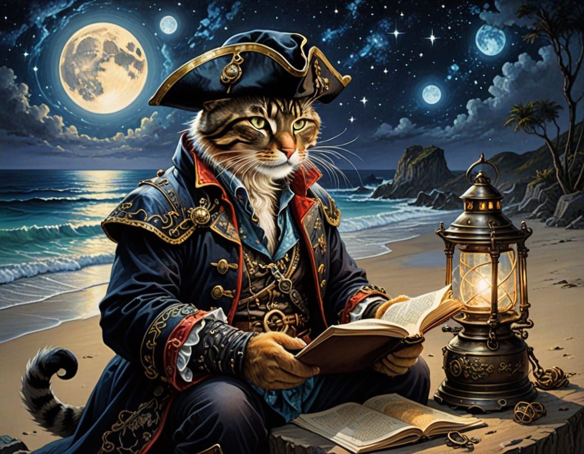 Anthropomorphic Cat Pirate Under Starry Sky