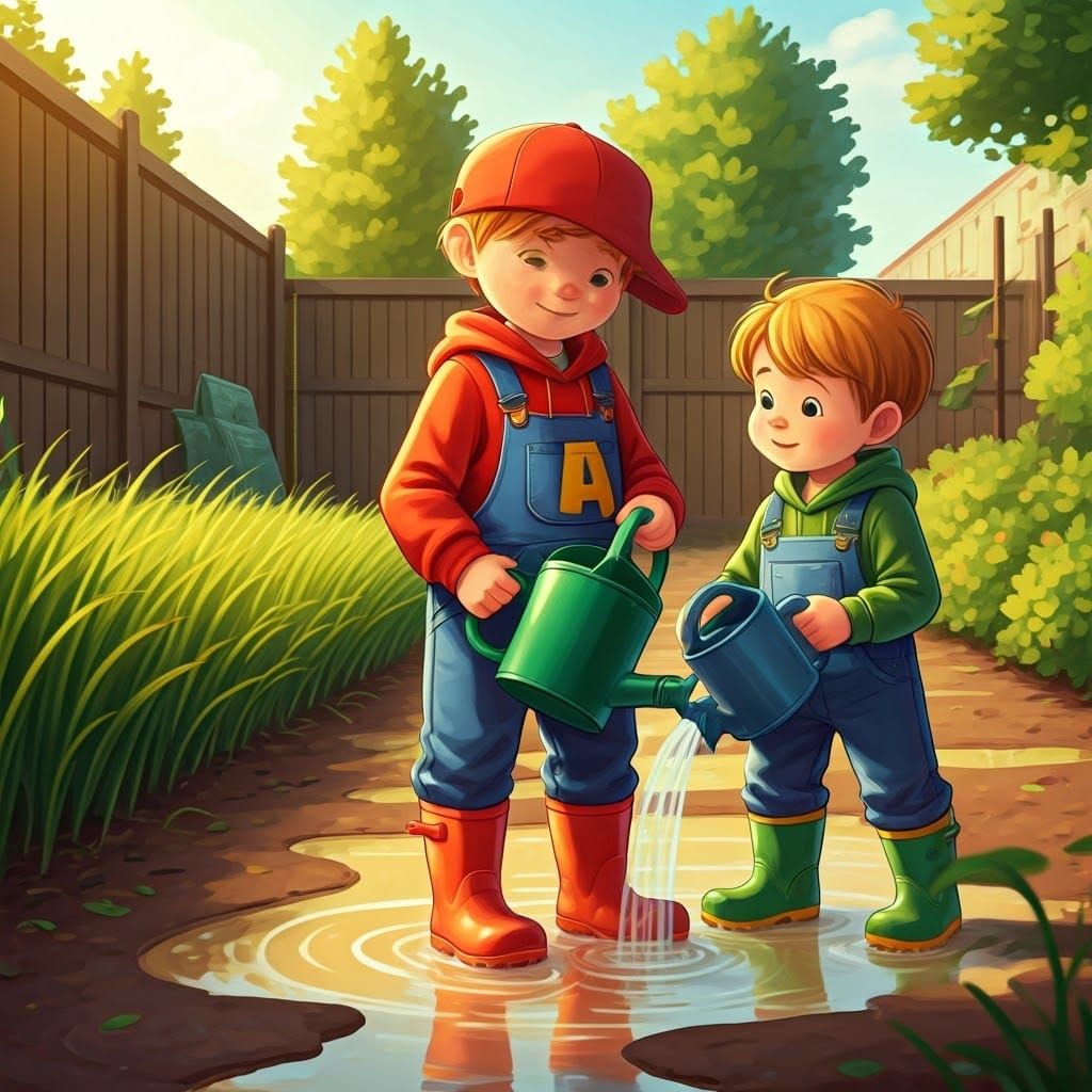 Brothers Nurturing a Garden in Digital Art