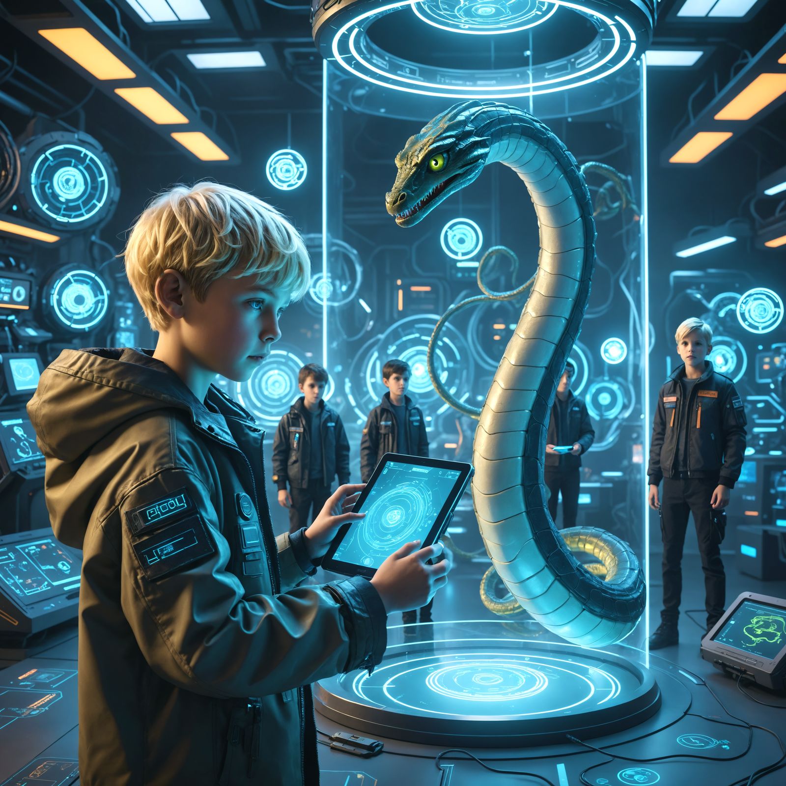Boy Discovers Alien Serpent in Futuristic Laboratory