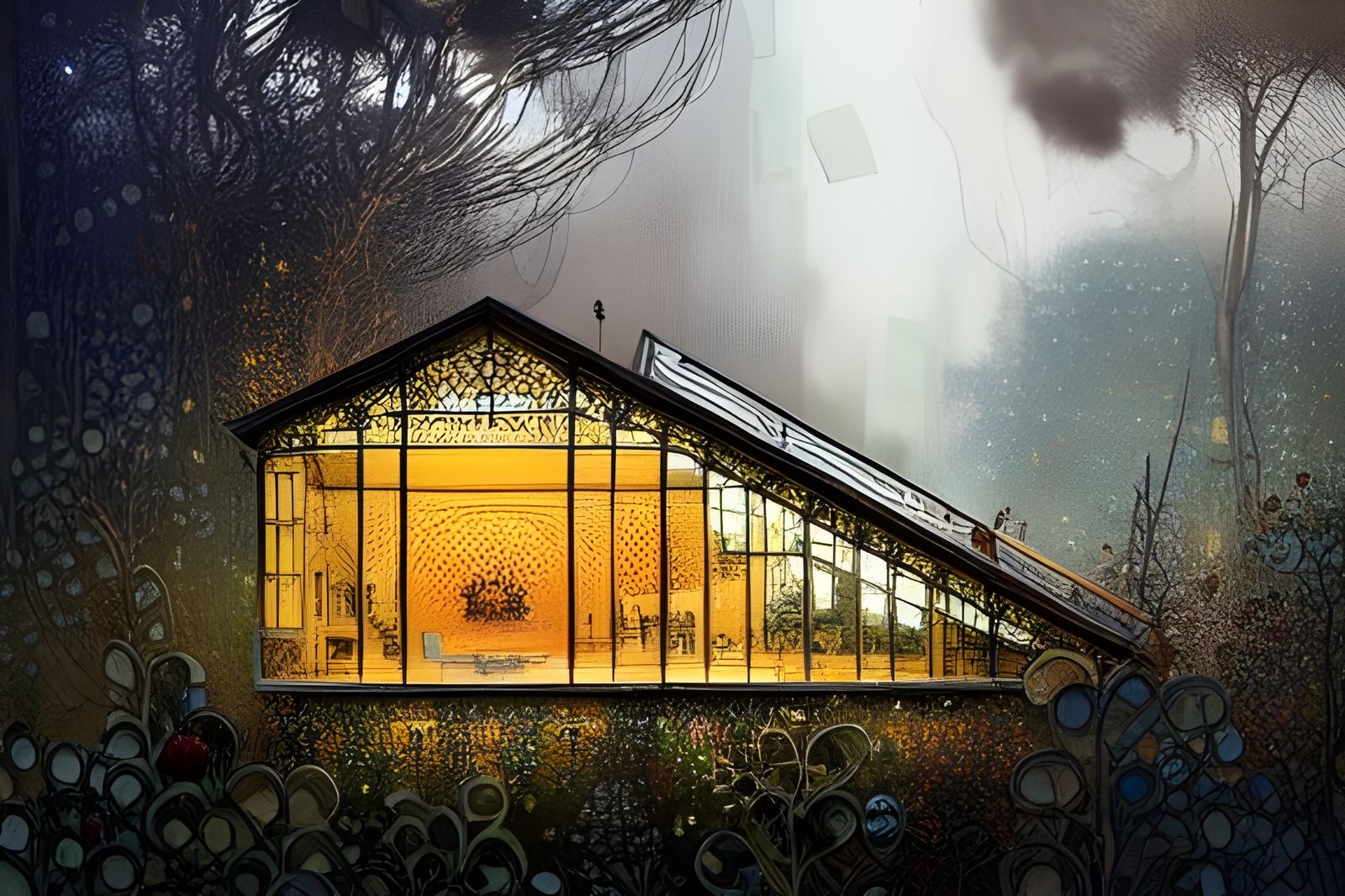Glass House Covered in Honey, Detailed Ink Painting
