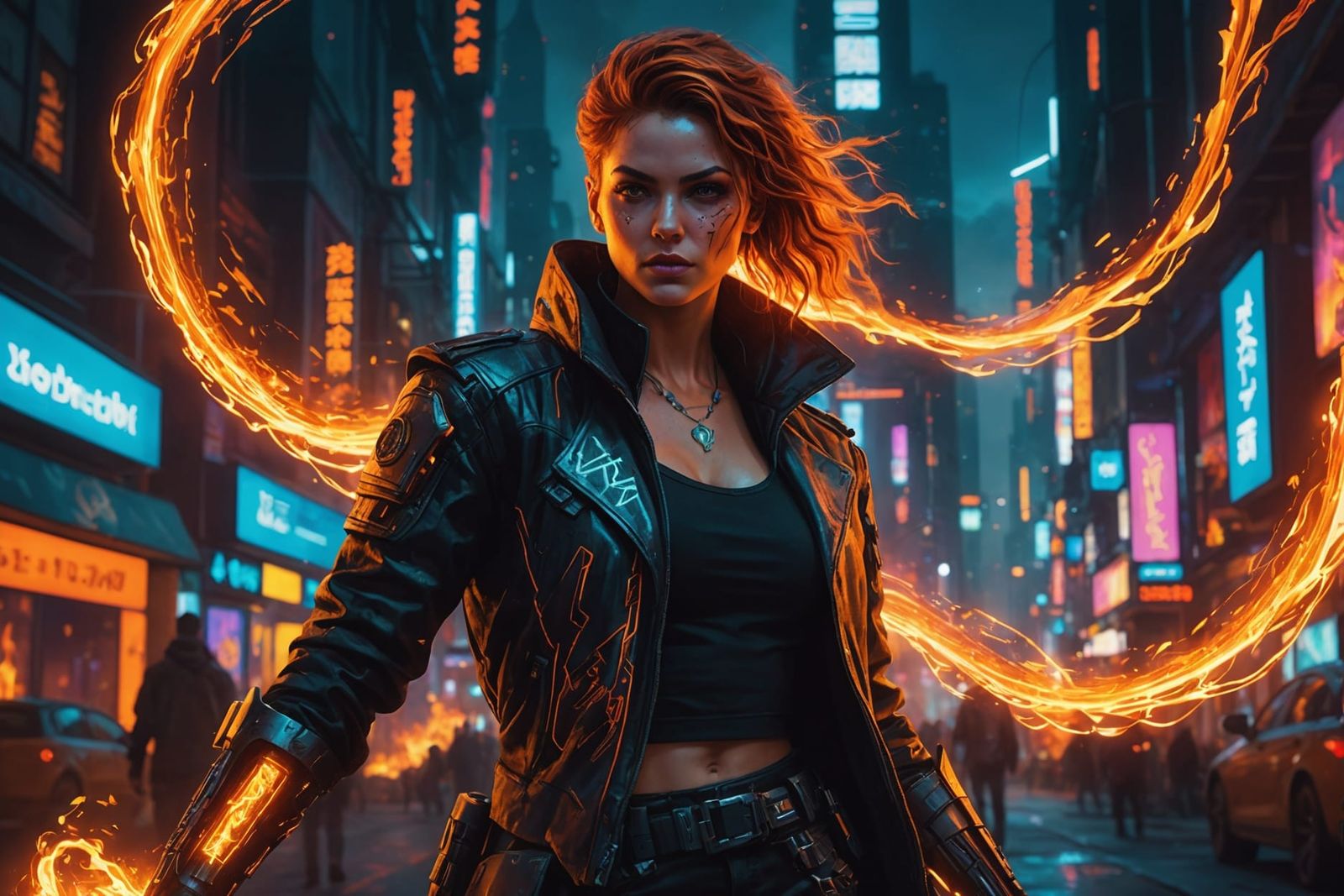 Cyberpunk Pyromancer Engulfed in Flames