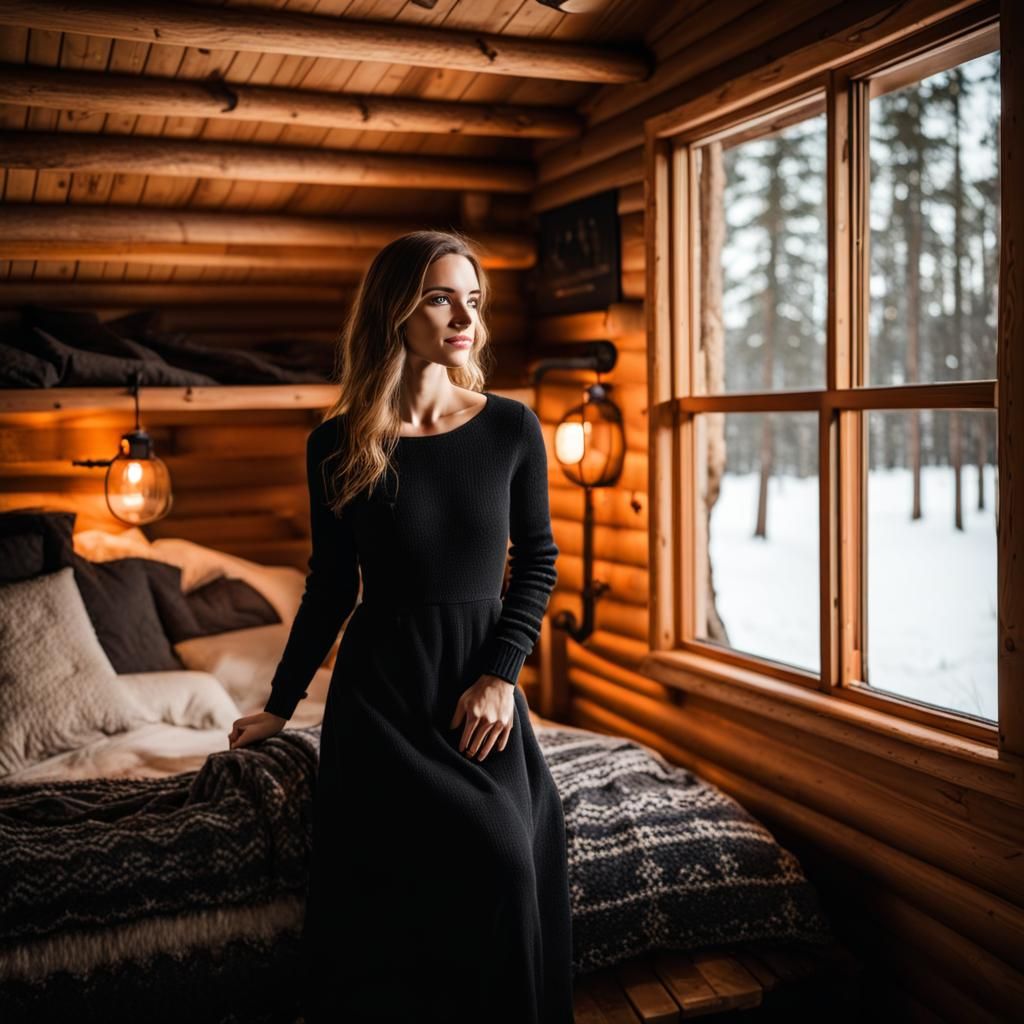 Cozy Winter Cabin Scene with Young Woman