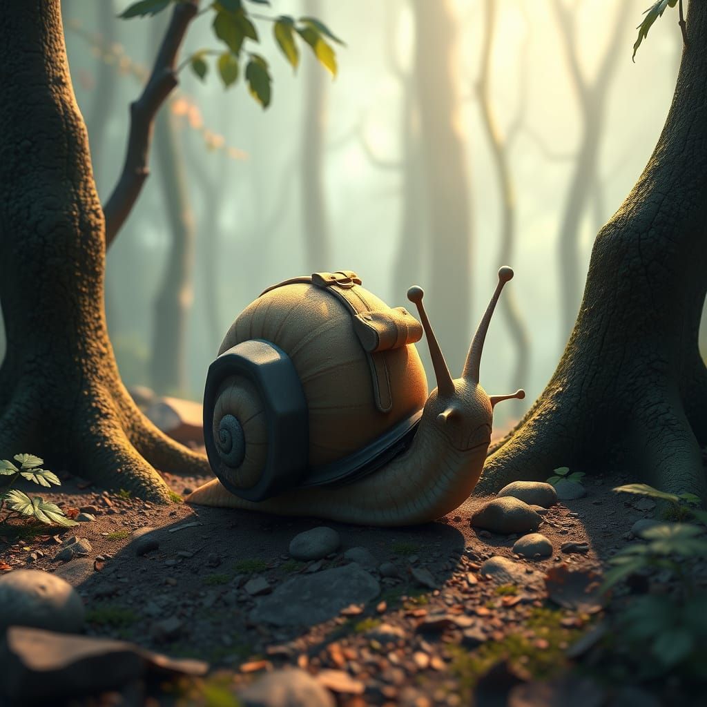 Snail Explorer in Misty Forest: Anime-Inspired 3D Render
