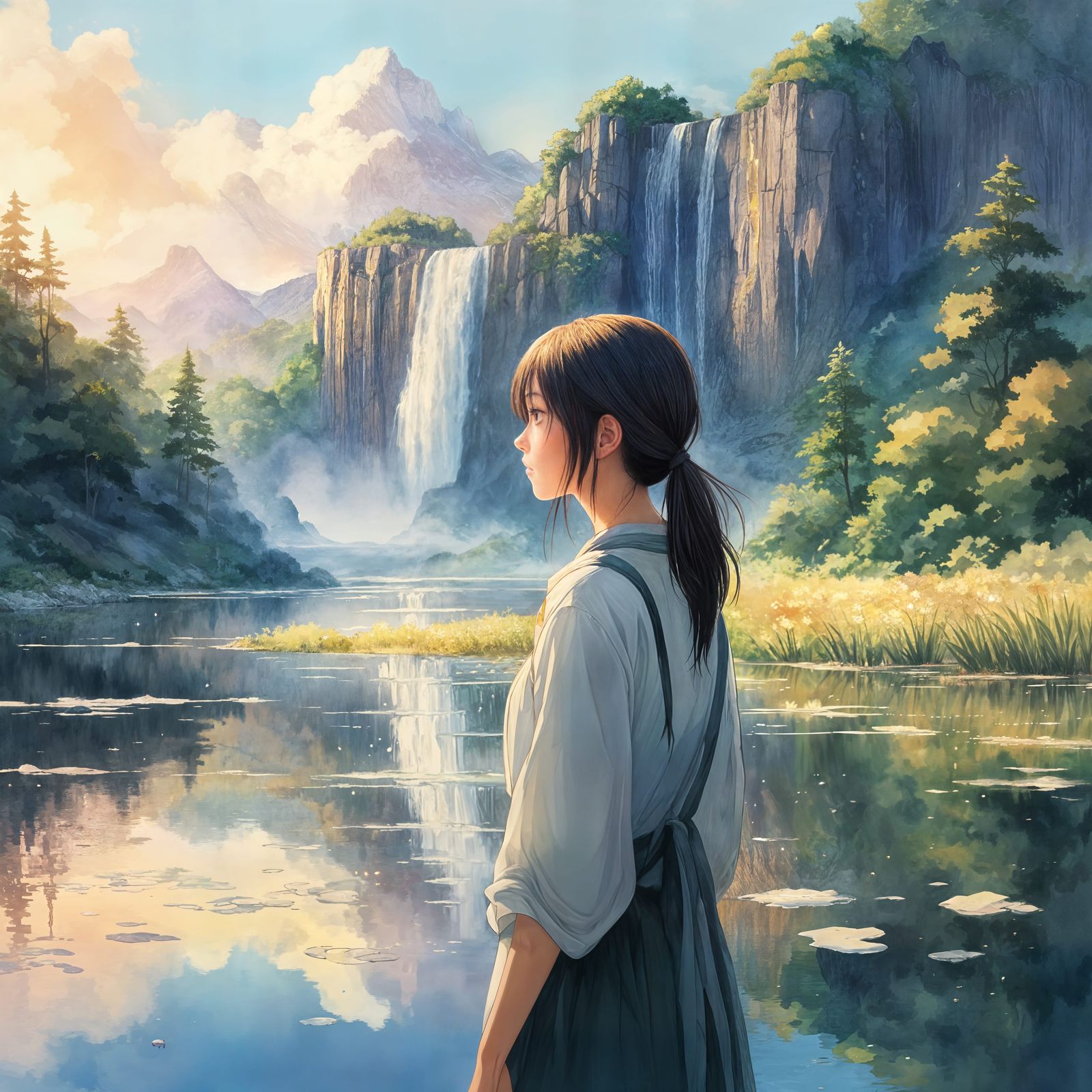 Surreal Sunset Scene with Magical Anime Girl