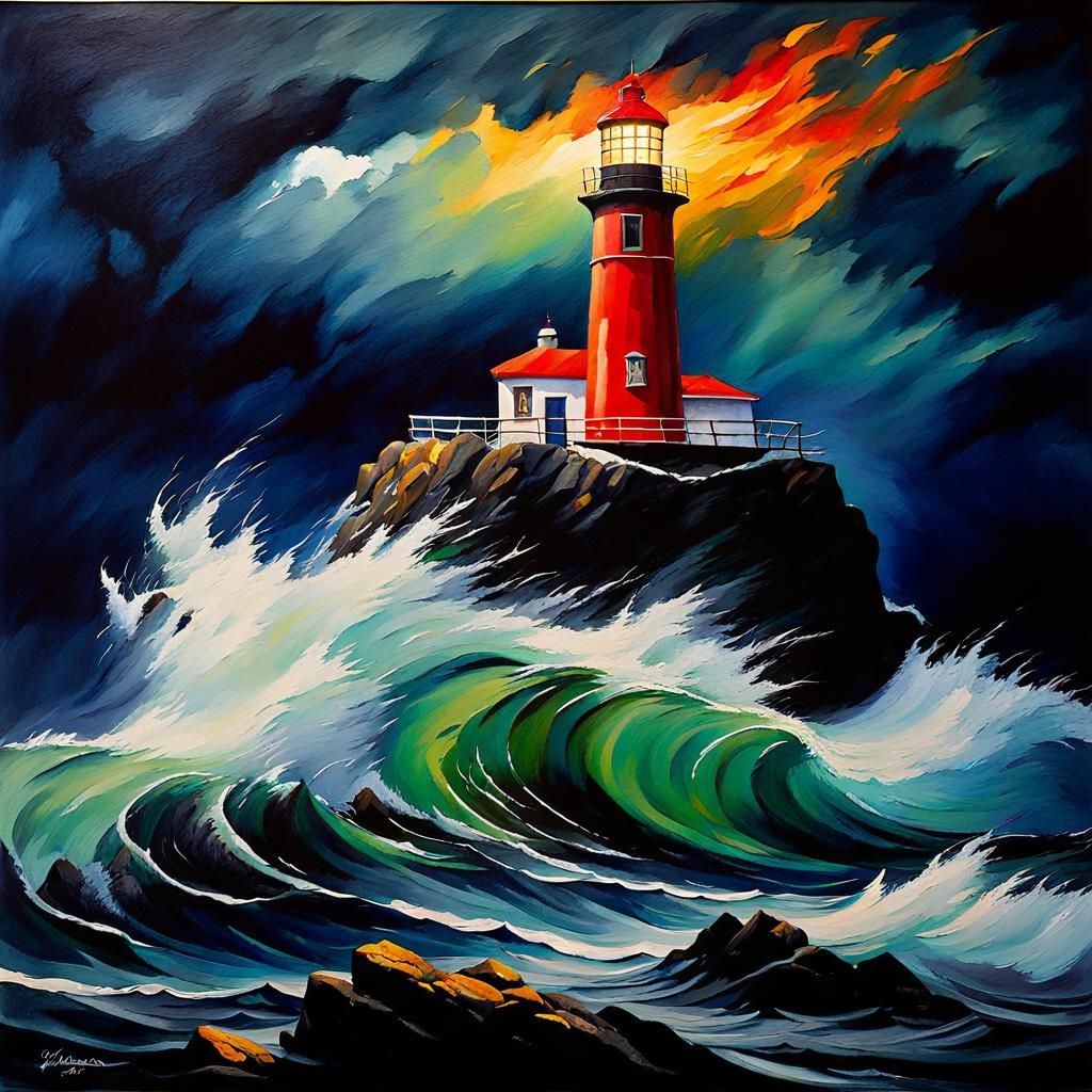 Lighthouse in Marine Storm: Expressionist Watercolor and Ink