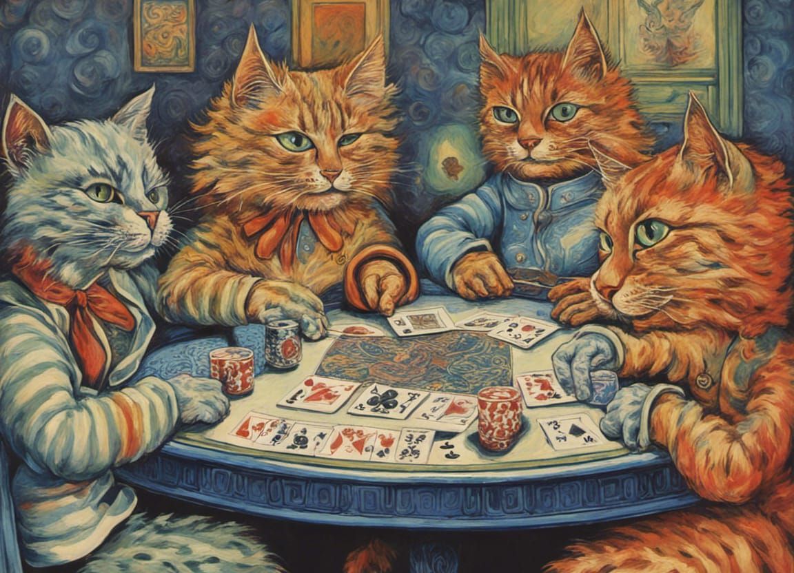 Abstract Cats Play Poker in Colorful Painting