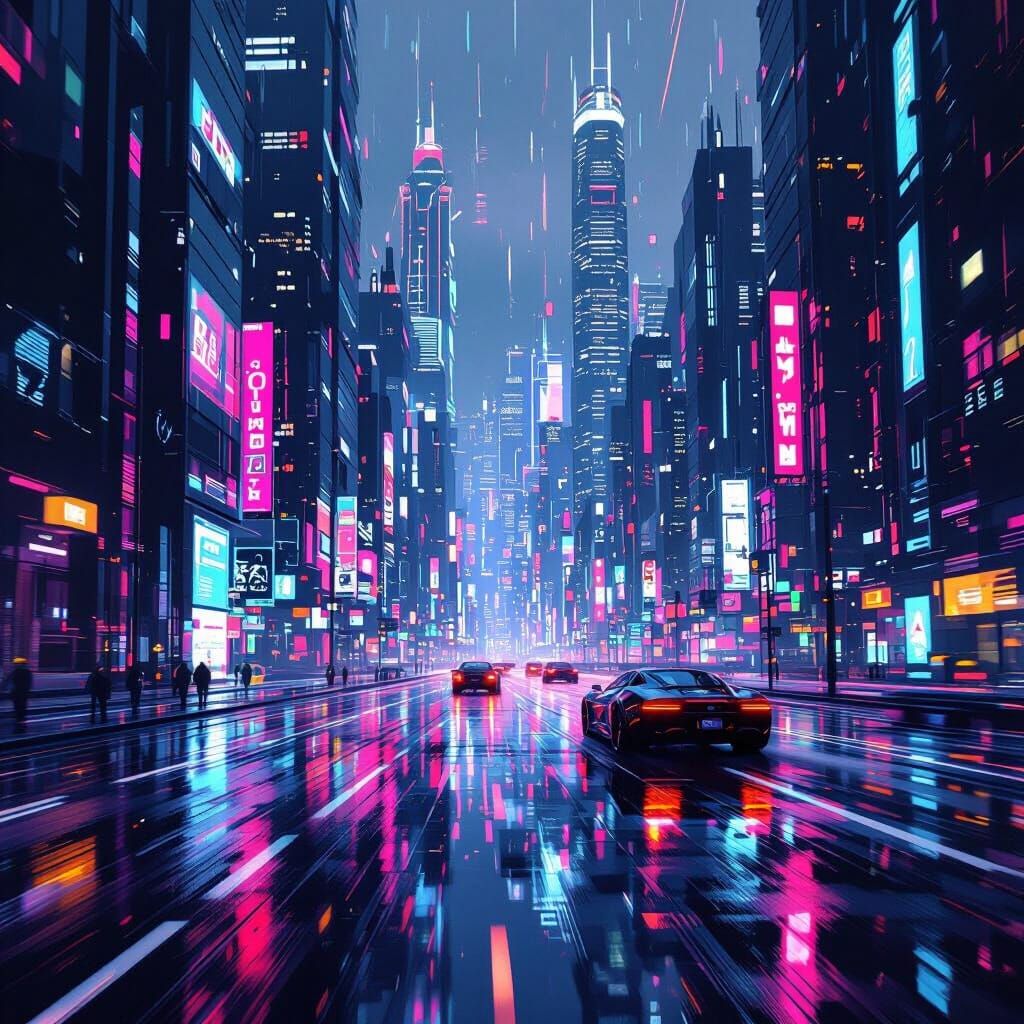 Futuristic Cityscape with Neon Lights and Parallax Effect