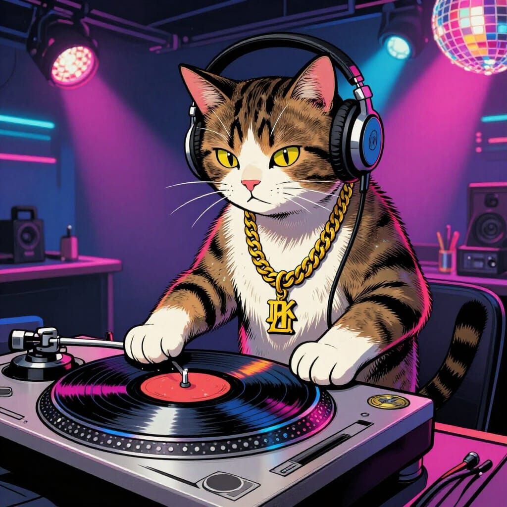 Cool Cat DJ Spinning Records in Neon Club