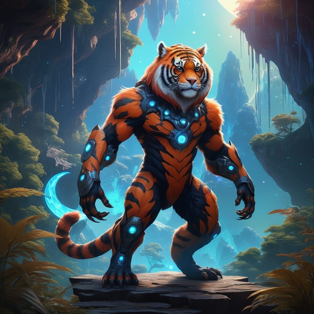 Glowing Tiger-Like Alien in Luminous Exoplanet Landscape