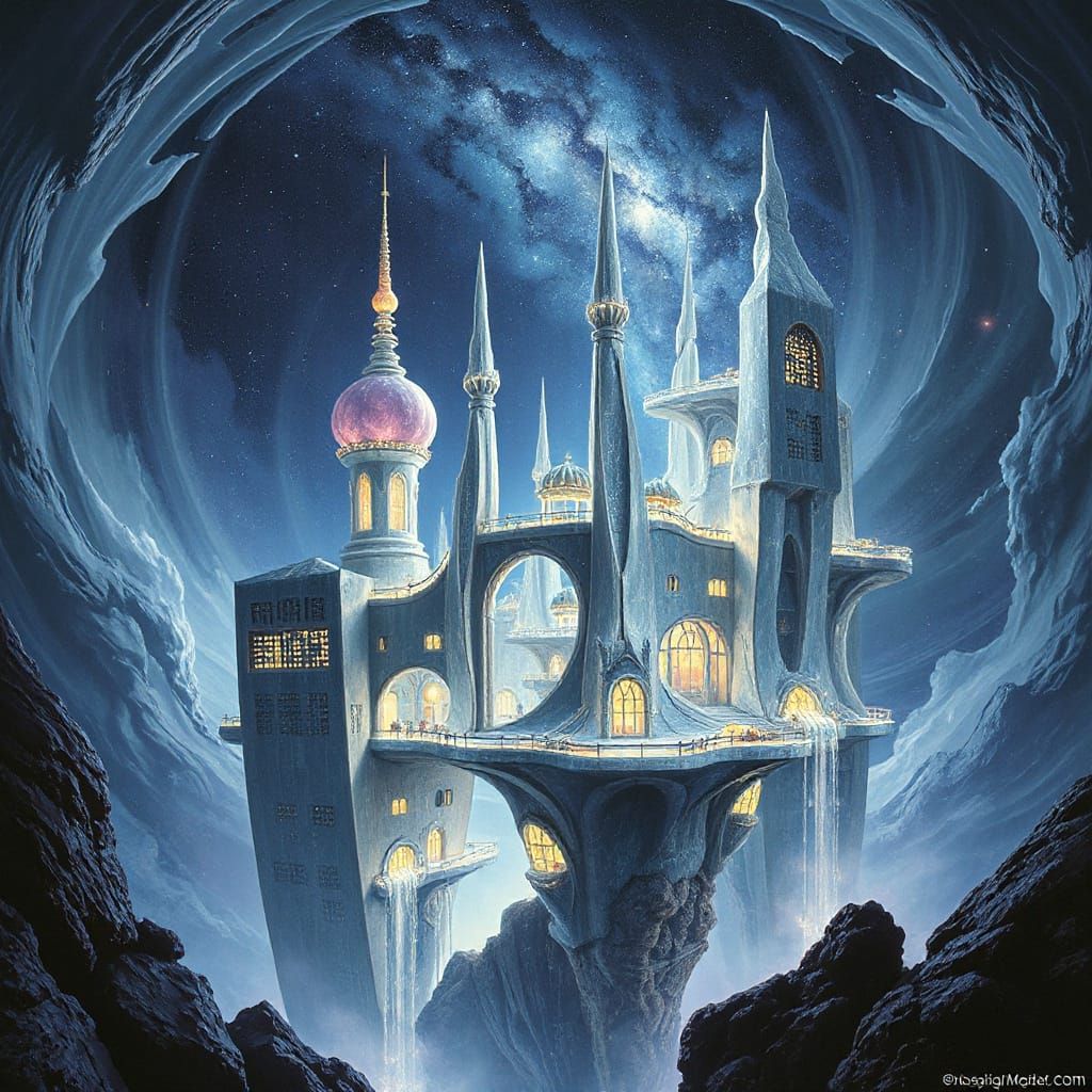 Ethereal Crystalline Cityscape in Stardust Vortex