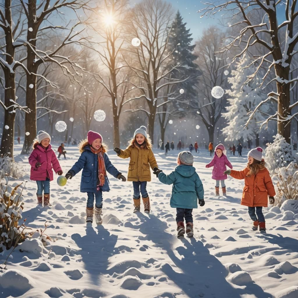 Children Play in a Sunny Winter Wonderland