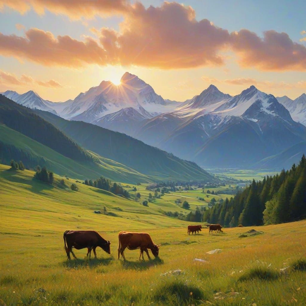 Impressionist Swiss Alps Landscape with Grazing Cows