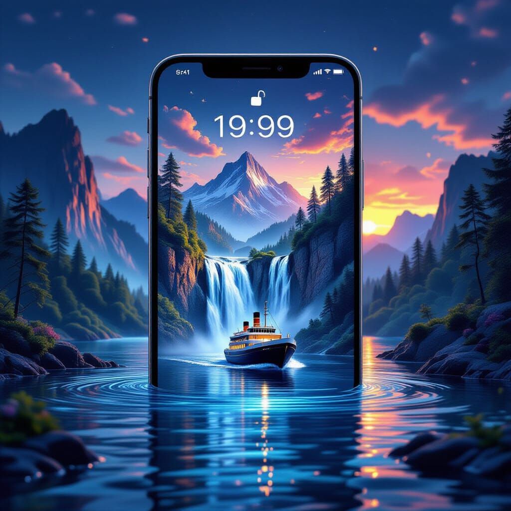 Mobile Phone Waterfall Scene in Synthwave Style