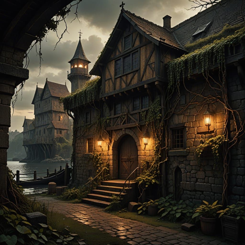 Medieval Harbor Town Under Twilight's Golden Glow