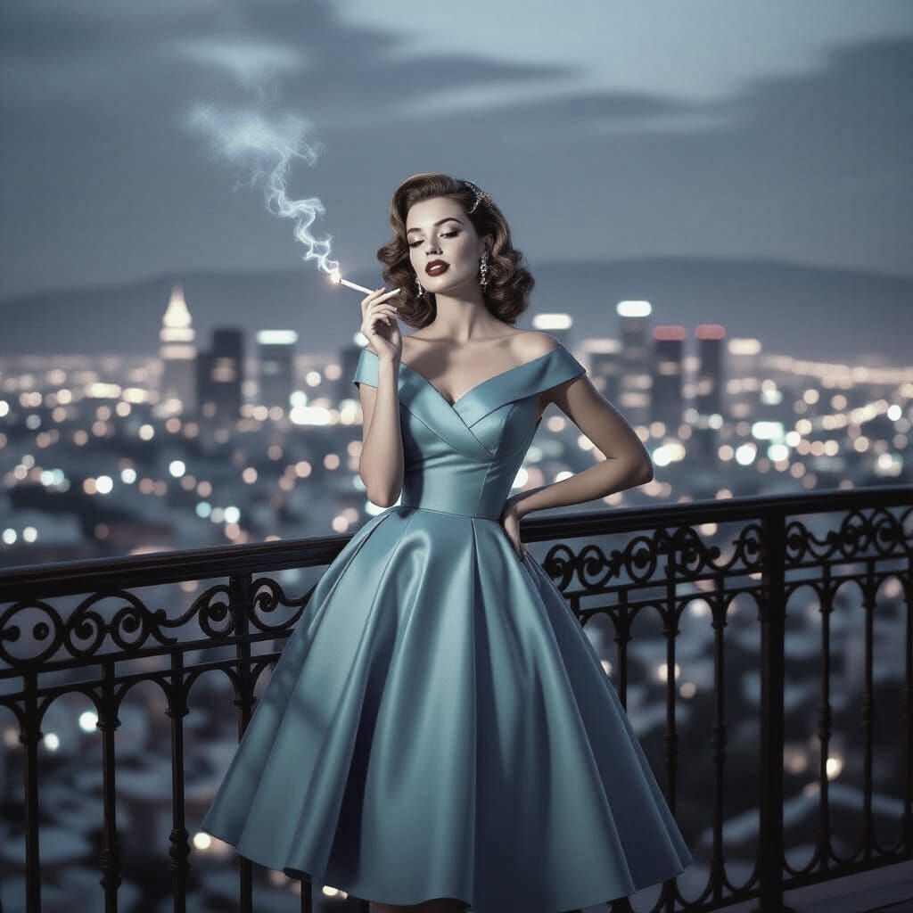 1950s Woman Smoking on Balcony Overlooking City