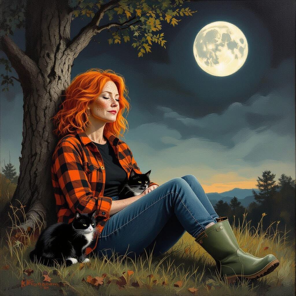 Woman and Cat Under Moonlit Tree in Chiaroscuro Style
