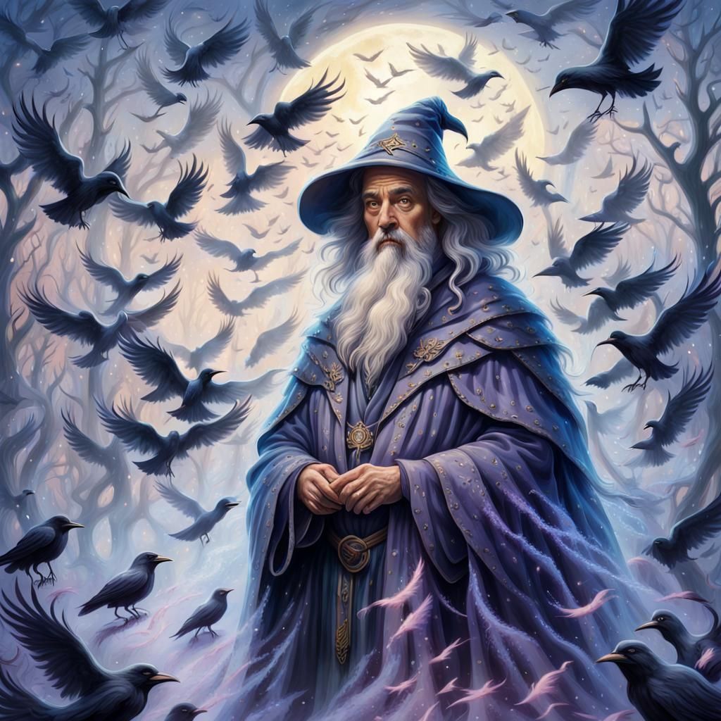 Mysterious Wizard in Mystical Forest, Ethereal Fantasy Art