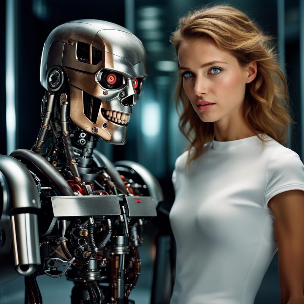 Model and Terminator Robot Portrait in Studio Lighting