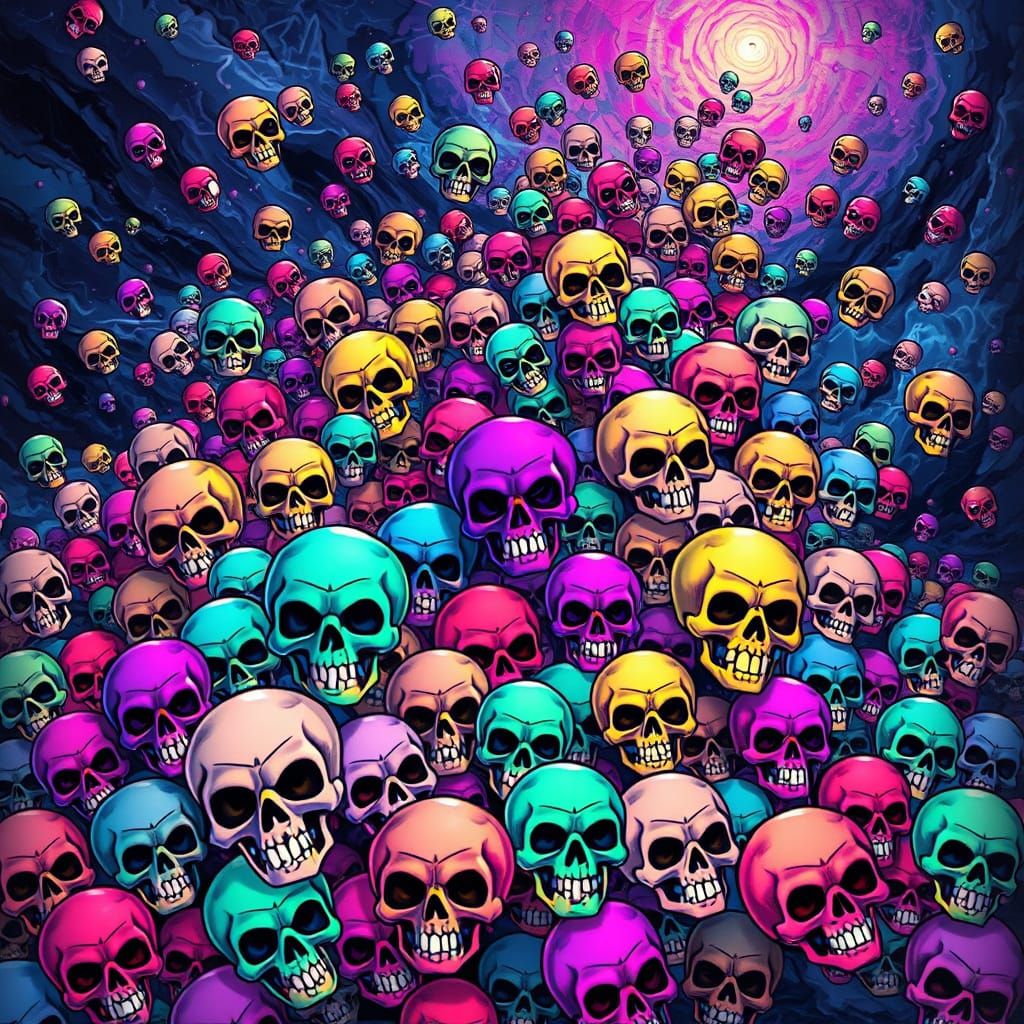 Psychedelic Cartoon Skulls Dance in Vibrant, Cosmic Storm