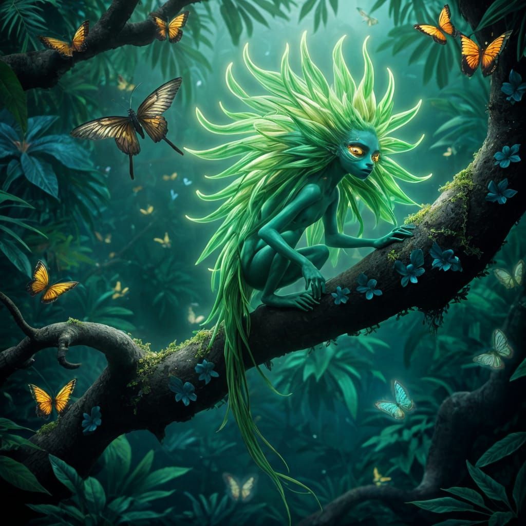 Mysterious Jungle Spirit in Vibrant Leaf Hair