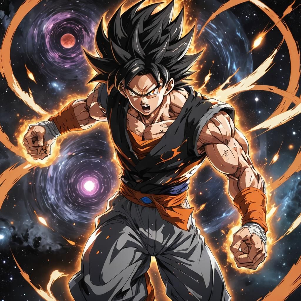 Raging Super Saiyan Black Hole in Anime Style