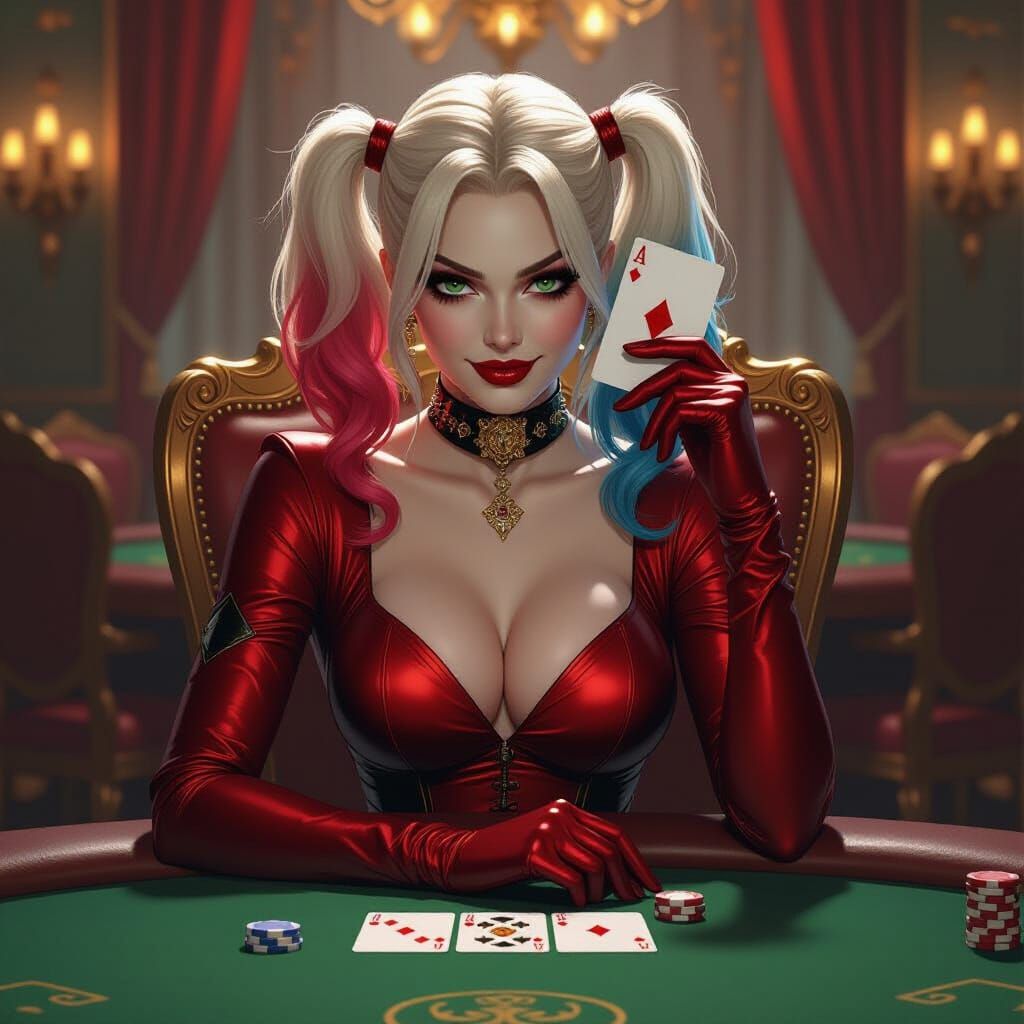 Harley Quinn at Poker Table in Glimmering Gown