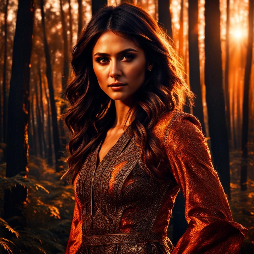 Nina Dobrev in Forest at Sunset: Hyperrealistic Image