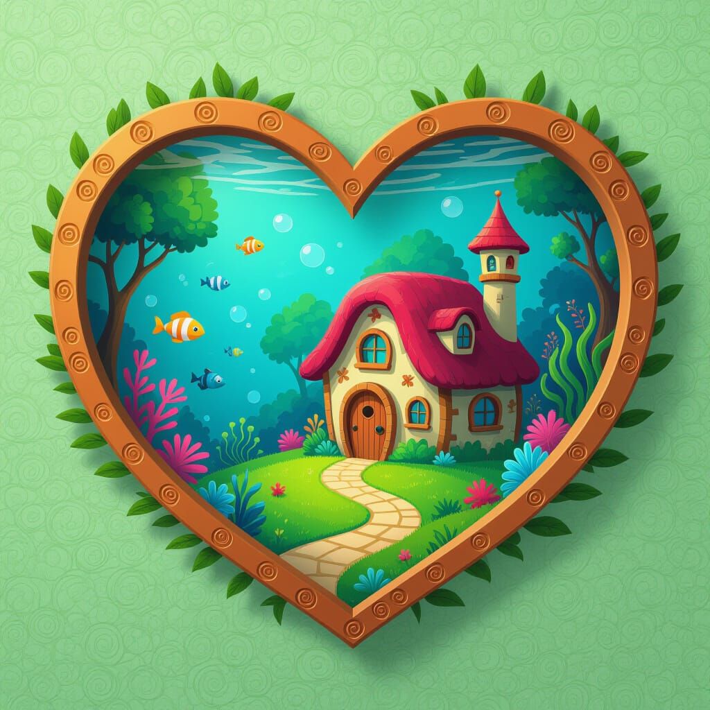 Underwater Village in Heart Frame, Whimsical Illustration