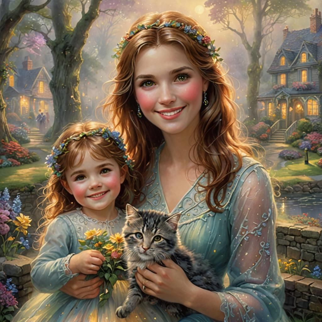 Smiling Mother and Daughter in Ethereal Fantasy Style