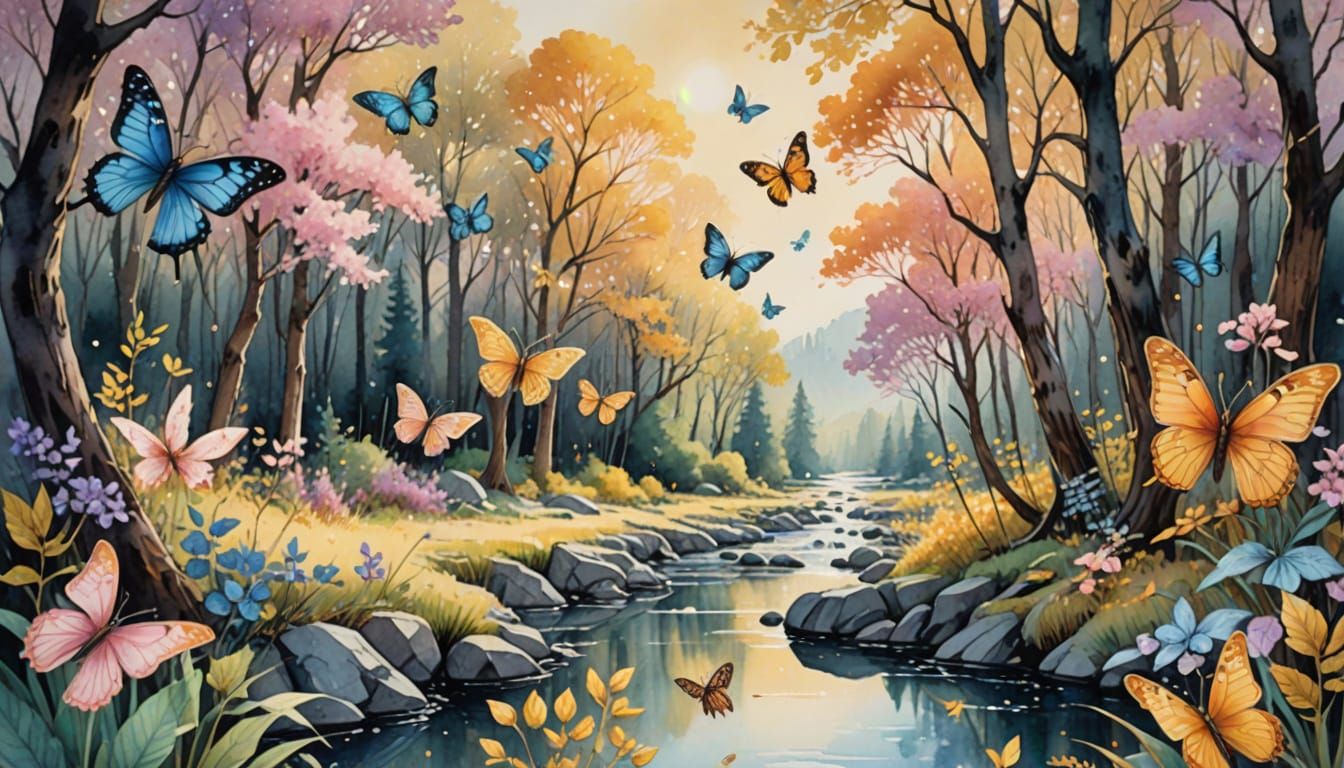 Dreamy Watercolor Paradise with Galaxies and Golden Trees