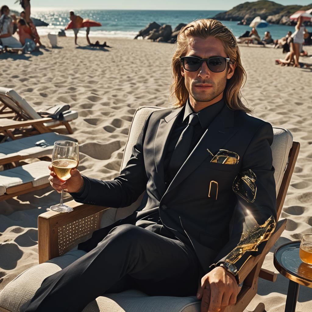 Horse in Suit Relaxes on Beach in Matte Painting