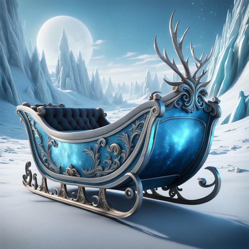 Santa's Sleigh in Ice Blue and Silver, Detailed Painting