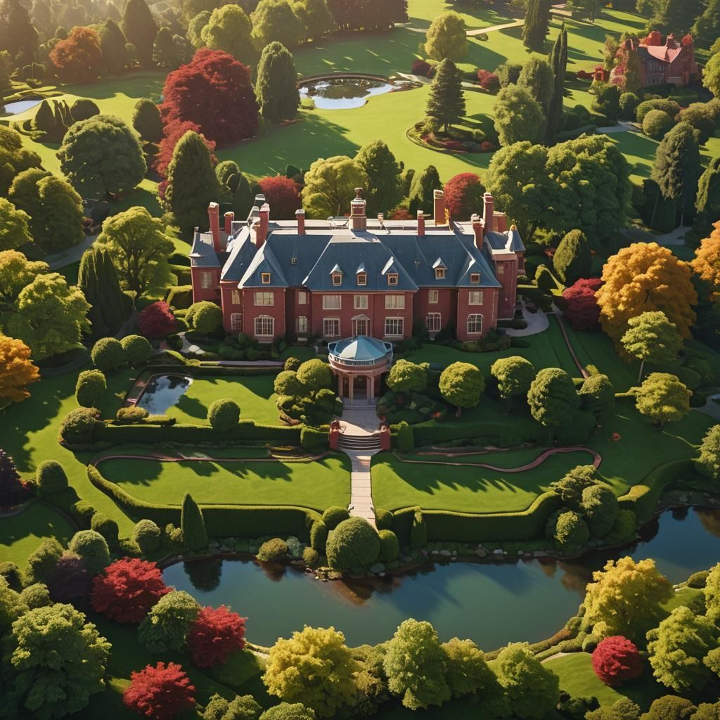 Red Stone Mansion in Immaculate Garden: Cinematic Digital Ar...