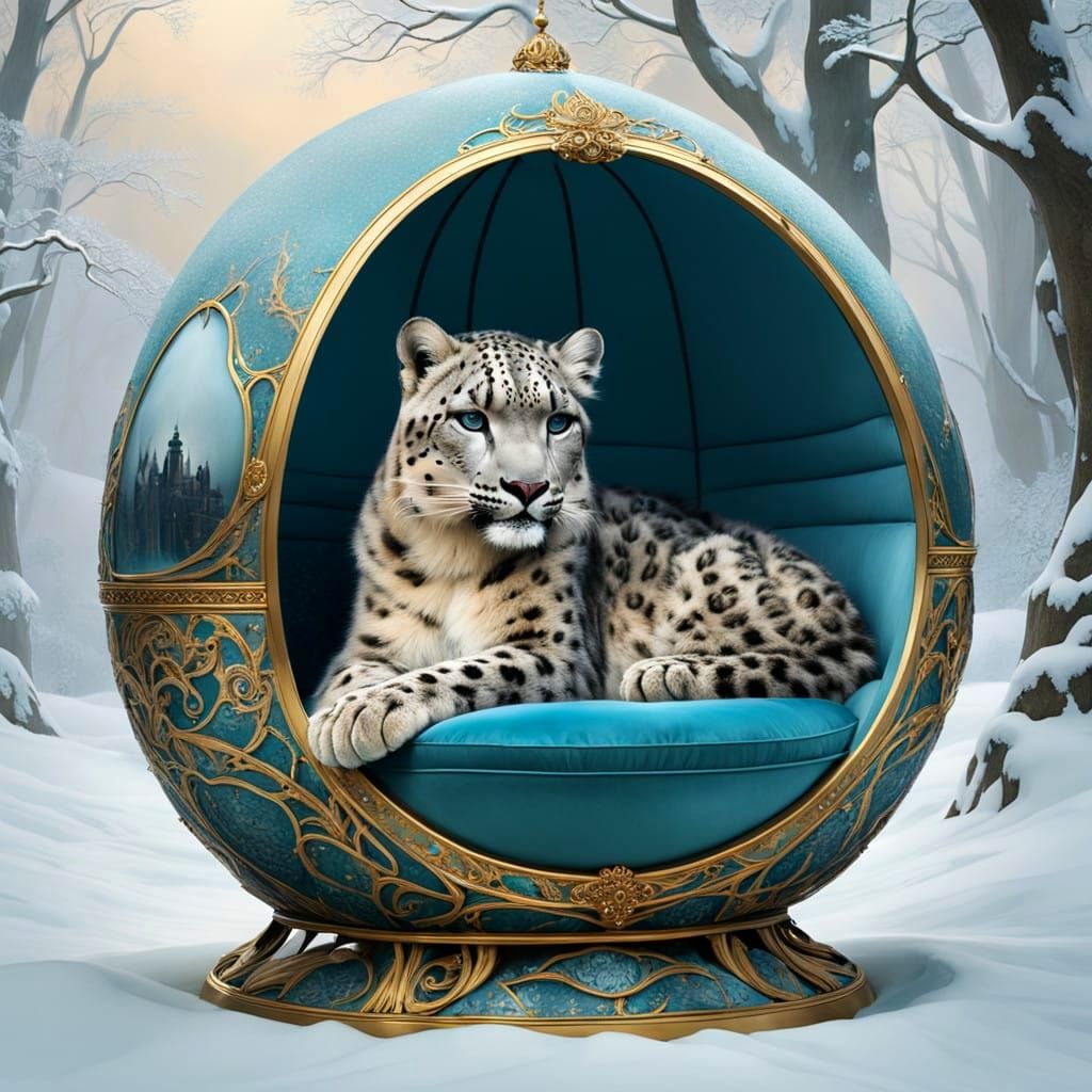 Faberge Egg Chair in Winter Wonderland with Snow Leopard