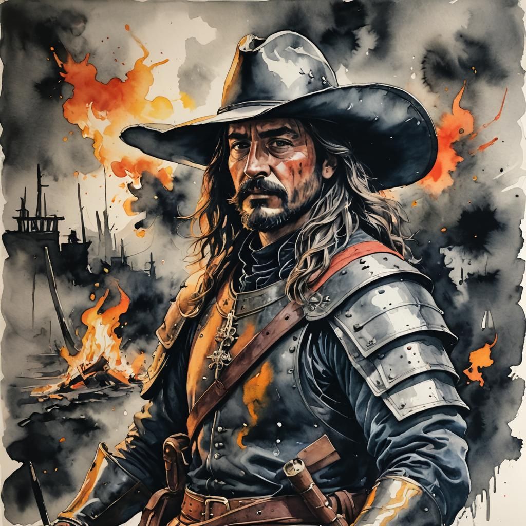 Blazing Conquistador in Charcoal Watercolor Style