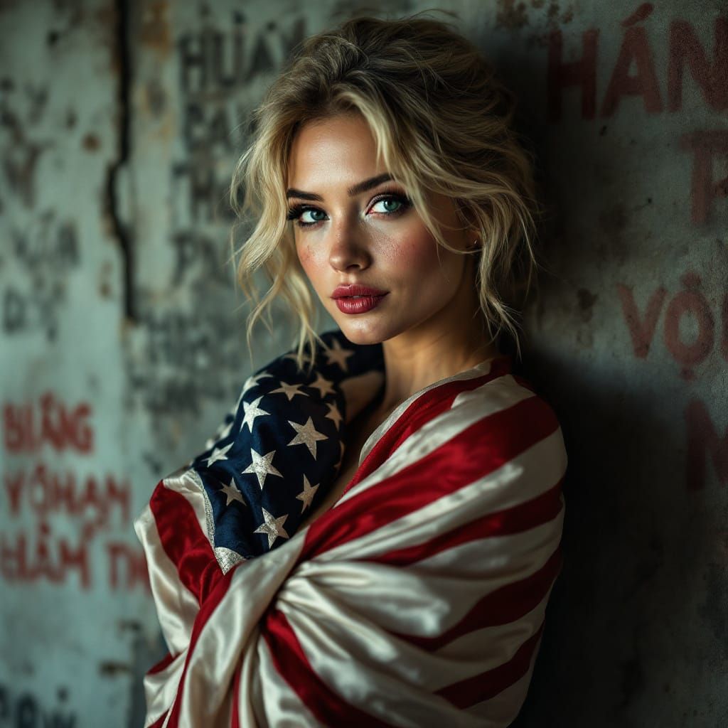 Provocative Woman with American Flag in Urban Setting
