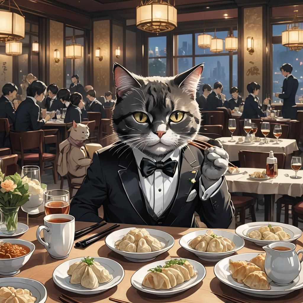 Cat in Tuxedo with Dumplings: Anime Style