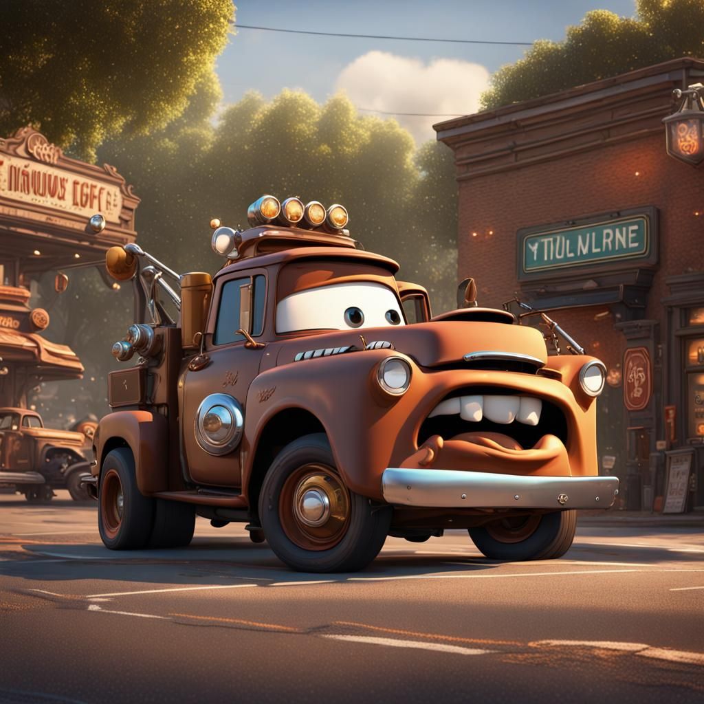 The tow truck named Tow Mater from the animated series Cars is getting a coffee at a drive-through.