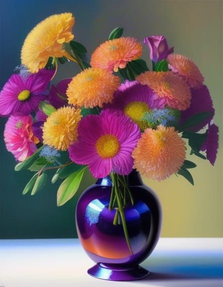 Flowers in Colorful Vase: Hyperrealistic Still Life