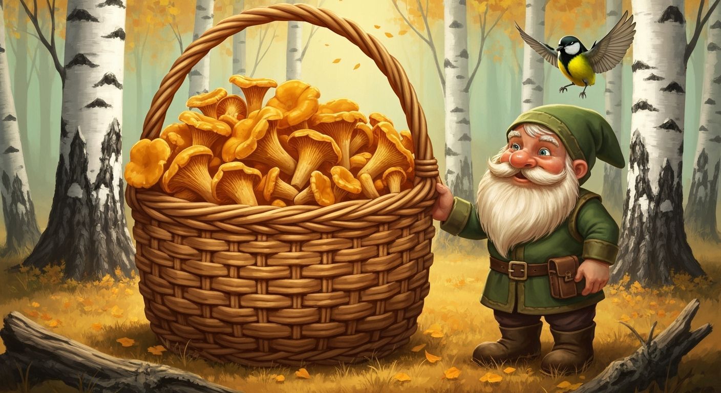 Dwarf and Chanterelles in Autumn Forest, Hyperrealistic Styl...