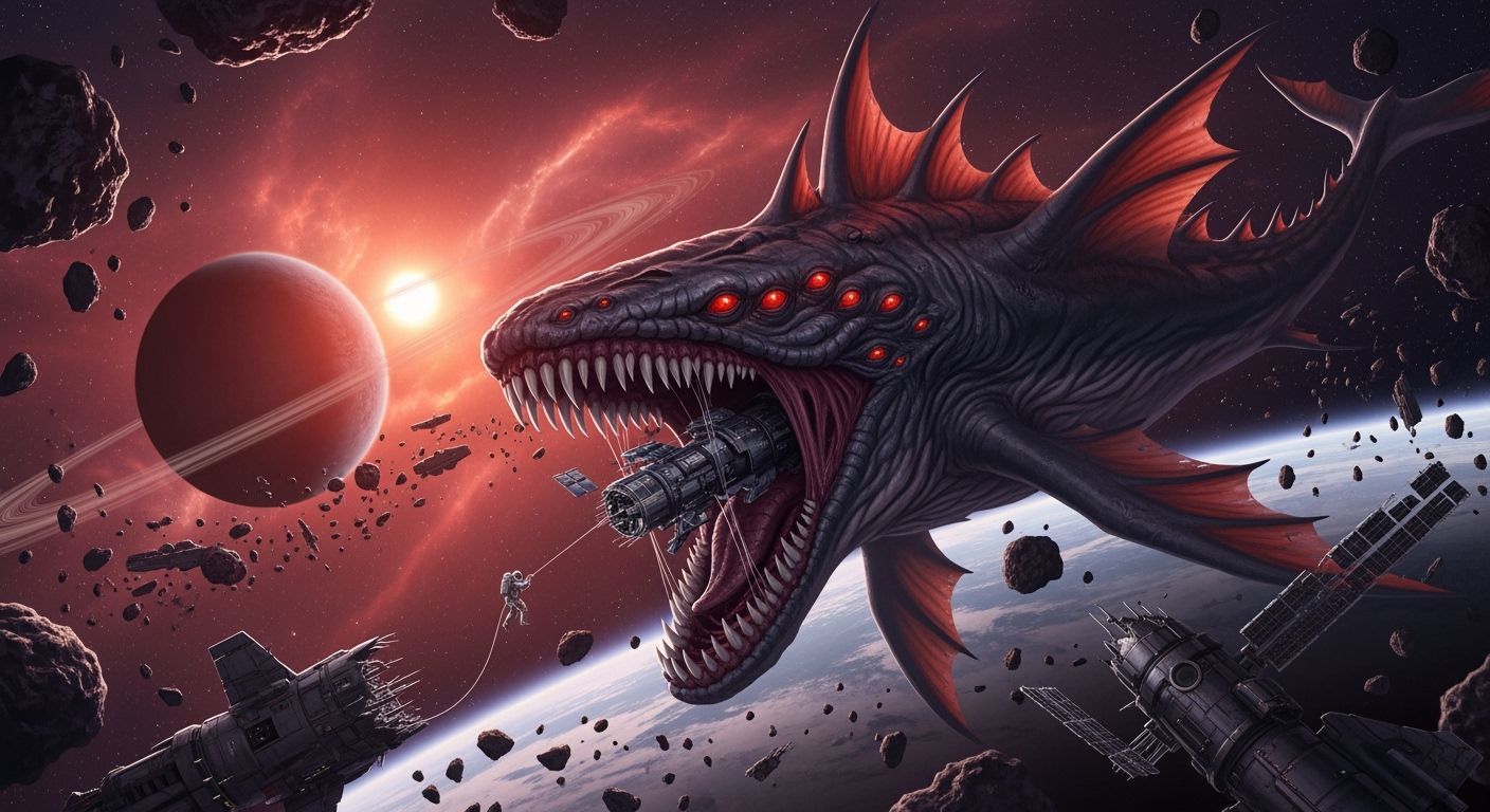 Cosmic Whale Devours Space Station in High-Contrast Digital ...